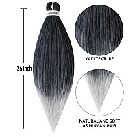 MSBELLE 6 Packs/Lot Prestretched Braiding Hair Ombre Braid Hair 26 Inch Braiding Hair Pre Stretched Hot Water Setting Synthetic Braiding Hair Extensions Black to Silver Grey 100g/Pack