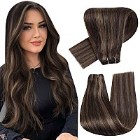 Hetto Sew in Hair Weft Extensions Human Hair #2/8 Ash Brown Highlighted Weft Hair Extensions Sew in Human Hair 18 Inch 100g Brazilian Hand Tied Human Hair Weft