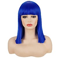 Morvally Short Straight Bob Wig Heat Resistant Hair With Blunt Bangs Natural Looking Cosplay Costume Daily Wigs 14 Blue