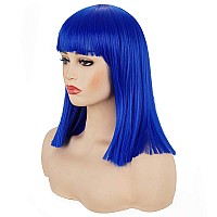 Morvally Short Straight Bob Wig Heat Resistant Hair With Blunt Bangs Natural Looking Cosplay Costume Daily Wigs 14 Blue