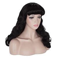 Morvally 50S Vintage Medium Length Black Wigs With Bangs Natural Wavy Synthetic Hair Wig For Women Cosplay Halloween