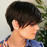 Queentas Short Brown Pixie Cut Wig With Bangs Layered Straight Heat Resistant Synthetic Short Hair Hair Wigs For White And Black Women Daily Use (Black Cherry)