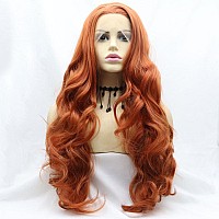 Xiweiya Long Wavy Copper Orange Red Synthetic Lace Front Wig With Heat Resistant Fiber Natural Hairline Light Lace Little Mermai