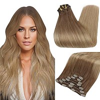 Full Shine Balayage Clip in Hair Extensions Human Hair Blonde Clip in Extensions Human Hair Color 10 Light Brown Fading to 14 Blonde Remy Clip Hair Double Weft Clip in Hair 7 Pcs 12 Inch