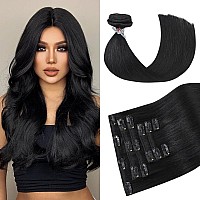 Huayi Black Clip In Hair Extensions Real Human Hair 22 Inch 120G 7Pcs Natural Black Hair Extensions Clip In Human Hair Remy Hai