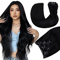 Hetto Black Clip in Human Hair Extensions #1 Jet Black Clip in Hair Extensions Human Hair Silky Straight Double Weft Clip in Extensions 20 Inch 7Pcs 105+20g