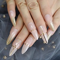 Coolnail Beige Nude Glitter French Stiletto Press On False Nails Extra Long Natural Sharp Poited Gold Cross Line Uv Gel Fake Fin