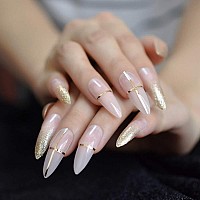 Coolnail Beige Nude Glitter French Stiletto Press On False Nails Extra Long Natural Sharp Poited Gold Cross Line Uv Gel Fake Fin