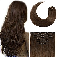 Clip in Hair Extensions 70G Medium Brown 100% Remy Human Hair Clip in Extensions Soft Silky Straight 7pcs 16clips One Pack(15 Inch #4)