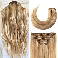 Clip in Hair Extensions Real Human Hair 70G Light Brown/Bleach Blonde 100% Remy Human Hair Soft Silky Straight for Fashion Women 7pcs 16clips One Pack (18 Inch #12P613)