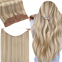 Fshine Invisible Wire Hair Extensions Real Human Hair Ash Blonde Highlighted Bleach Blonde Fish Line Layered Wire Human Hair Ext