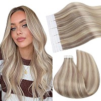 Ugeat Tape in Hair Extensions Human Hair 12 Inch Double Sided Tape in Hair Extensions Human Hair Ash Blonde Highlight with Bleach Blonde Tape in Human Hair Extensions (#18/613 12inch 50grams)