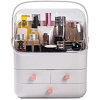 Haturi Makeup Organizer, Waterproof&Dustproof cosmetic Organizer Box with Lid Fully Open Makeup Display Boxes, Skincare Organizers Makeup caddy Holder for Bathroom, Dresser, countertop Bedroom-White