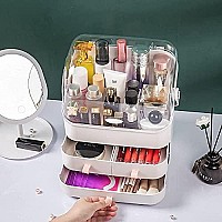 Haturi Makeup Organizer, Waterproof&Dustproof cosmetic Organizer Box with Lid Fully Open Makeup Display Boxes, Skincare Organizers Makeup caddy Holder for Bathroom, Dresser, countertop Bedroom-White