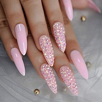 Coolnail 3D Rhinestones Soft Pink Stiletto False Nails Extra Long Oval Sharp End Uv Gel Press On Daily Office Finger Wear Salon