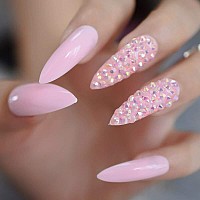 Coolnail 3D Rhinestones Soft Pink Stiletto False Nails Extra Long Oval Sharp End Uv Gel Press On Daily Office Finger Wear Salon