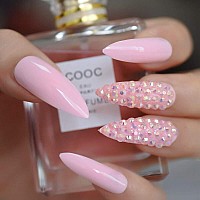 Coolnail 3D Rhinestones Soft Pink Stiletto False Nails Extra Long Oval Sharp End Uv Gel Press On Daily Office Finger Wear Salon