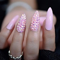 Coolnail 3D Rhinestones Soft Pink Stiletto False Nails Extra Long Oval Sharp End Uv Gel Press On Daily Office Finger Wear Salon