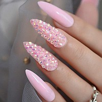 Coolnail 3D Rhinestones Soft Pink Stiletto False Nails Extra Long Oval Sharp End Uv Gel Press On Daily Office Finger Wear Salon