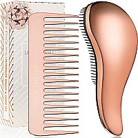 Detangling Brush and Wide Tooth comb Set - Lightweight Hair Brush and comb for Women and Kids Easy to Hold Hairbrush for Wet or Dry, Fine, curly, Thick, Afro Hair by Lily England - Rose gold