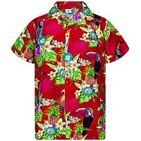 KINg KAMEHA Funky Hawaiian Shirt, Shortsleeve, Parrot cockatoo, Red, S