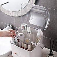 SUNFIcON Makeup Organizer Holder cosmetic Storage Box with Dust Free cover Portable Handle,Fully Open Waterproof Lid, Dust Proof Drawers,great for Bathroom countertop Bedroom Dresser White