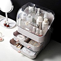 SUNFIcON Makeup Organizer Holder cosmetic Storage Box with Dust Free cover Portable Handle,Fully Open Waterproof Lid, Dust Proof Drawers,great for Bathroom countertop Bedroom Dresser White