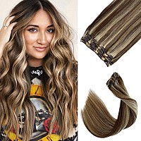 Clip in Hair Extensions, Chocolate Brown and Blonde Highlights Remy Human Hair Clip in Extensions 7 Pcs 70G Double Weft Straight Real Hair Extensions Clip in Human Hair 20 Inch for Fine Hair Women