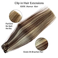 Clip in Hair Extensions, Chocolate Brown and Blonde Highlights Remy Human Hair Clip in Extensions 7 Pcs 70G Double Weft Straight Real Hair Extensions Clip in Human Hair 20 Inch for Fine Hair Women