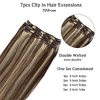 Clip in Hair Extensions, Chocolate Brown and Blonde Highlights Remy Human Hair Clip in Extensions 7 Pcs 70G Double Weft Straight Real Hair Extensions Clip in Human Hair 20 Inch for Fine Hair Women