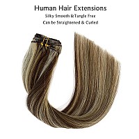 Clip in Hair Extensions, Chocolate Brown and Blonde Highlights Remy Human Hair Clip in Extensions 7 Pcs 70G Double Weft Straight Real Hair Extensions Clip in Human Hair 20 Inch for Fine Hair Women