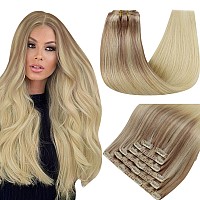 Runature Real Hair Extensions Clip Ins Human Hair Blonde Balayage Clip In Hair Extensions Remy Hair 14 Inch 120G Thick Hair Exte