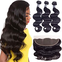 Amella Hair Brazilian Virgin Hair Body Wave 3 Bundles with Lace Frontal Closure (18 20 22 +18 Frontal)13x4 Ear to Ear 8A Grade Unprocessed Human Hair Bundles with Lace Frontal