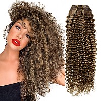 Hetto Curly Clip in Hair Extensions Human Hair #4 Dark Brown Highlight with Honey Blonde Curly Clip in Human Hair Kinky Curly Clip in Extensions Human Hair 22 Inch 105g+20g 7pcs