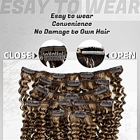 Hetto Curly Clip in Hair Extensions Human Hair #4 Dark Brown Highlight with Honey Blonde Curly Clip in Human Hair Kinky Curly Clip in Extensions Human Hair 22 Inch 105g+20g 7pcs