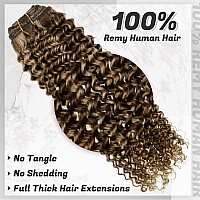 Hetto Curly Clip in Hair Extensions Human Hair #4 Dark Brown Highlight with Honey Blonde Curly Clip in Human Hair Kinky Curly Clip in Extensions Human Hair 22 Inch 105g+20g 7pcs