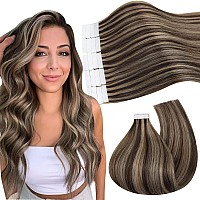 Ugeat 12 Inch Tape in Hair Extensions Dark Brown Highlight with Ash Blonde Hair Extensions Human Hair Double Sided Hair Extensions Tape in Real Human Hair 20 Pieces 30 Grams