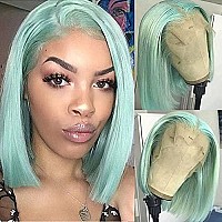 Virgin Human Hair Wigs Glueless Middle Part Silky Straight Hair Wigs Mint Green 180 Density 8 Inches 13X4 Frontal Pre Plucked N