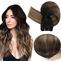 Full Shine Weft Hair Extensions Human Hair Black Ombre Human Hair Extensions Sew In Natural Black To Dark Brown Mix Caramel Brown Hair Weft Remy Hair Sew In Hair Extensions Double Weft 80G 12 Inch