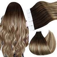 Ugeat Tape in Hair Extensions Human Hair 12 inch Tape in Real Hair Extensions Balayage Brown Fading to Platinum Blonde 30G/20PCS Tape in Natural Straight Human Hair Extensions #4/6/613