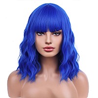 Beron 14 Inches Dark Blue Wig Short Curly Wig Women Girls Synthetic Wig Blue Wig With Bangs Wig Cap Included