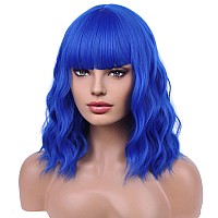 Beron 14 Inches Dark Blue Wig Short Curly Wig Women Girls Synthetic Wig Blue Wig With Bangs Wig Cap Included