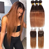 Ombre Straight Hair Bundles With Closure 10A Brazilian Virgin Remy Human Hair 2 Tone T430 Ombre Straight Human Hair Bundles Wit