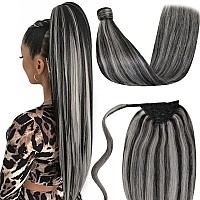 Laavoo Ponytail Hair Extensions Real Human Hair 1B Natural Black Highlighted Silver Ponytail Extension Human Hair Wrap Around P