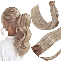 Hetto Blonde Ponytail Extensions Human Hair #18 Dark Ash Blonde Highlight with Bleach Blonde Clip in Ponytail Human Hair 12 Inch Straight Wrap Around Ponytail Hair Extensions 70g