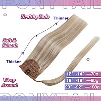 Hetto Blonde Ponytail Extensions Human Hair #18 Dark Ash Blonde Highlight with Bleach Blonde Clip in Ponytail Human Hair 12 Inch Straight Wrap Around Ponytail Hair Extensions 70g