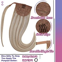 Hetto Blonde Ponytail Extensions Human Hair #18 Dark Ash Blonde Highlight with Bleach Blonde Clip in Ponytail Human Hair 12 Inch Straight Wrap Around Ponytail Hair Extensions 70g