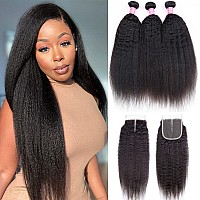 Oidr Kinky Straight Bundles With Closure Brazilian Human Hair 24 26 2820 Inch Unprocessed 9A Yaki Straight Hair 3 Bundles With