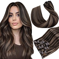 Hetto Clip in Ash Brown Highlights Human Hair Extensions Natural Hair Clip in Extensions 7 Pcs Real Human Hair clip in Straight Hair Extensions 20 Inch 105g+20g