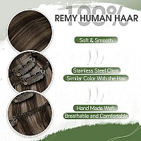 Hetto Clip in Ash Brown Highlights Human Hair Extensions Natural Hair Clip in Extensions 7 Pcs Real Human Hair clip in Straight Hair Extensions 20 Inch 105g+20g